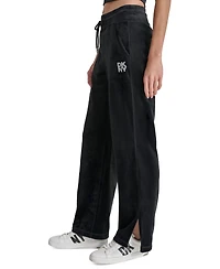 Dkny Women's Velour Rhinestone-Logo Side-Slit Track Pants
