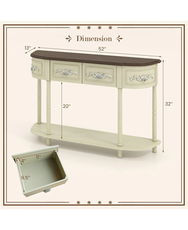 Retro Curved Console Table with Drawers and Solid Wood Legs-Beige