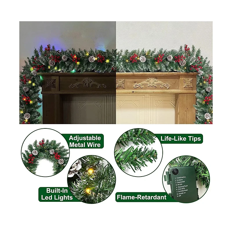 Cowin 9ft Christmas Garland Battery Operated Waterproof 50 Light 220 Branches Pine Cones and Berries