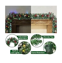 Cowin 9ft Christmas Garland Battery Operated Waterproof 50 Light 220 Branches Pine Cones and Berries