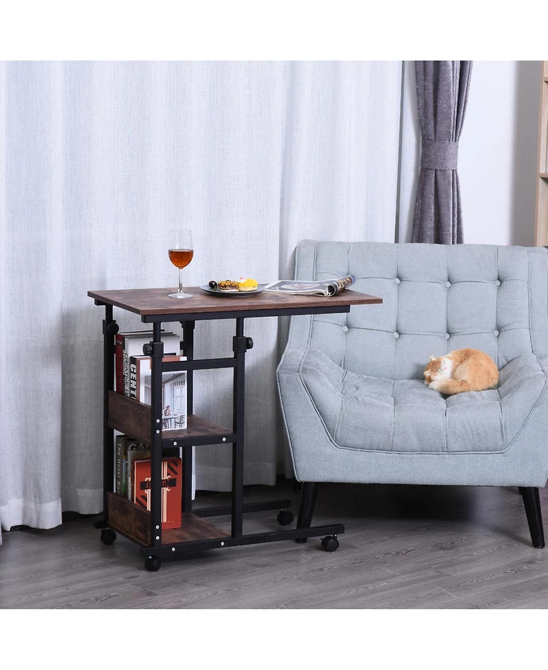 Homcom C-Shaped Mobile Sofa Bed Side Table Adjust Height 3-Tier Cart w/ Brake