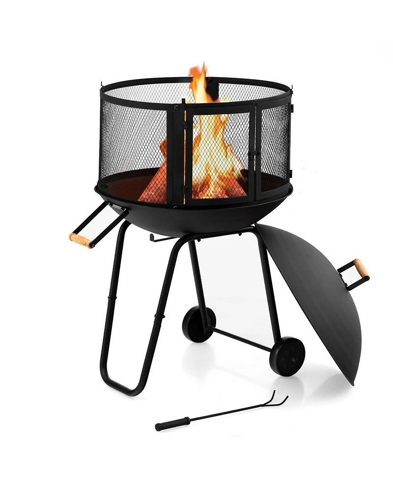 Inolait 28 Inch Portable Fire Pit on Wheels with Log Grate-Black