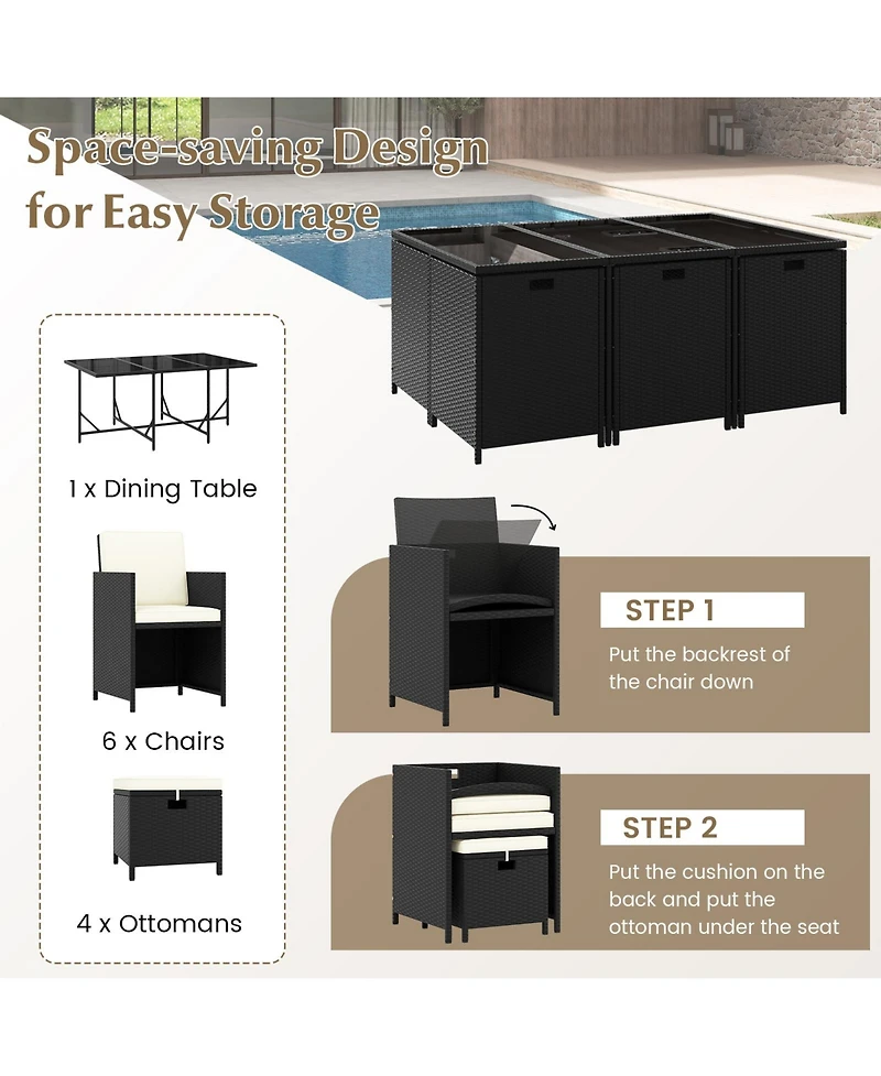 11 Piece Patio Dining Set Wicker Chairs and Tempered Glass Table with Waterproof Cushions-Black & White
