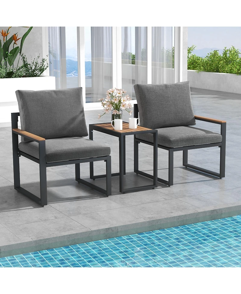 3 Pieces Aluminum Frame Weatherproof Outdoor Conversation Set with Soft Cushions-Gray