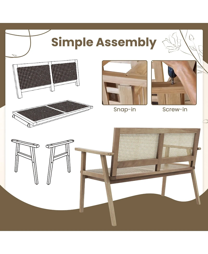 Givimo Indonesia Teak Wood Garden Bench with Armrests and Natural Rattan Backrest