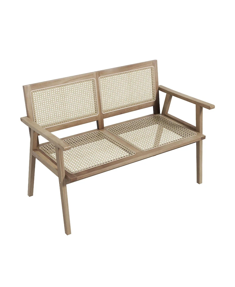 Givimo Indonesia Teak Wood Garden Bench with Armrests and Natural Rattan Backrest