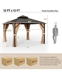 Givimo 12 x 12 Feet Double-Roof Patio Hardtop Gazebo with Galvanized Steel Roof Netting and Curtains-Coffee