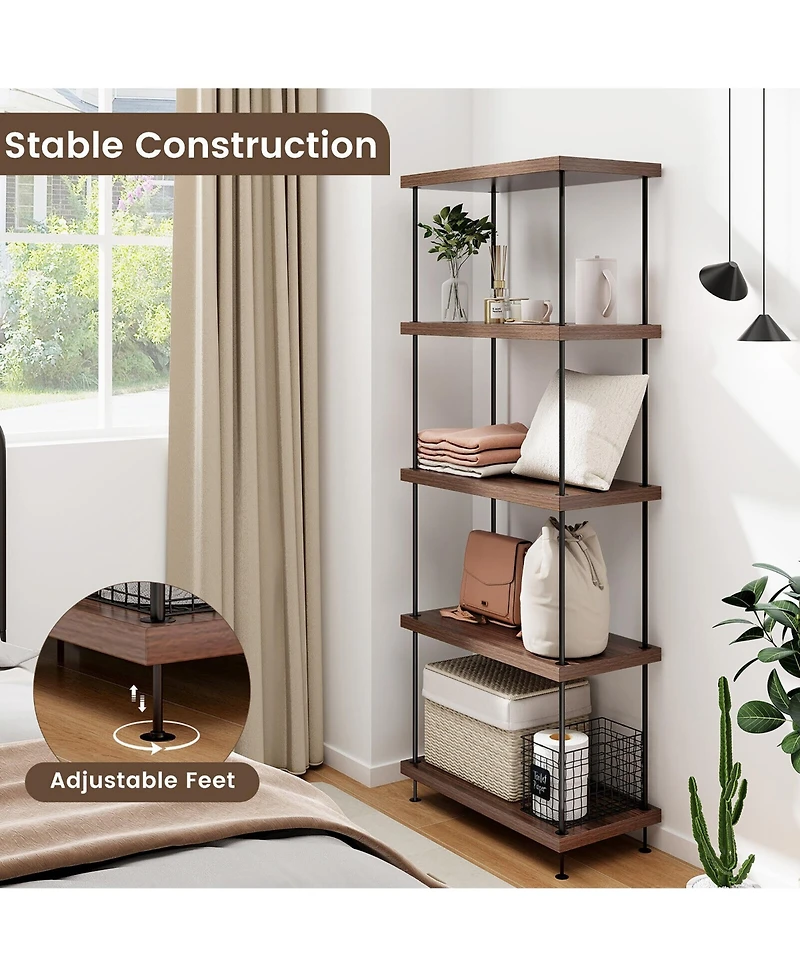 Gymax 2PCS 5-Tier Multipurpose Display Rack Freestanding Bookshelf w/ Metal Frame Walnut