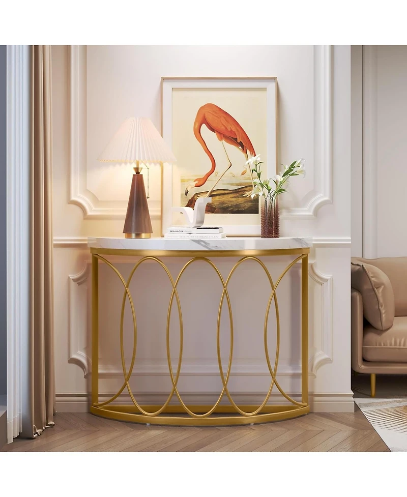 Tribesigns Half Moon Gold Console Table, 43 Inch Modern Faux Marble Entryway Table, Narrow Semi Circle Sofa Accent Table with Geometric Metal Frame fo