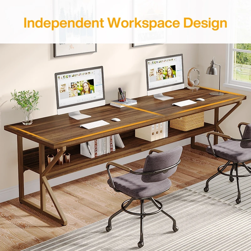 Tribesigns 79-Inch Extra Long Desk, 2 Person Desk with Storage Shelf, Large Computer Desk Double Desk Writing Table Desk for Home Office, Brown