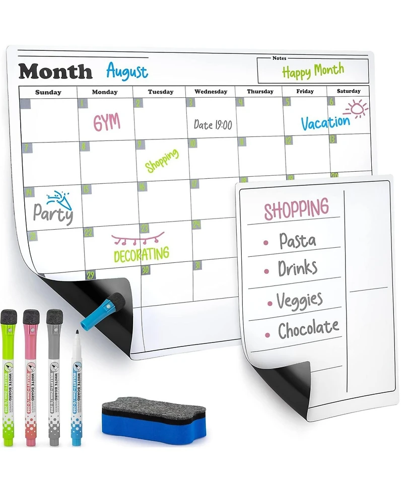 Magnetic Dry Erase Calendar Whiteboard Kit for Fridge Includes Magnetic Notepad, 4 Colored Markers, & Eraser