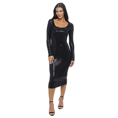 bebe Women's Long Sleeve Square Neck Disco Dot Maxi Dress