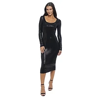bebe Women's Long Sleeve Square Neck Disco Dot Maxi Dress