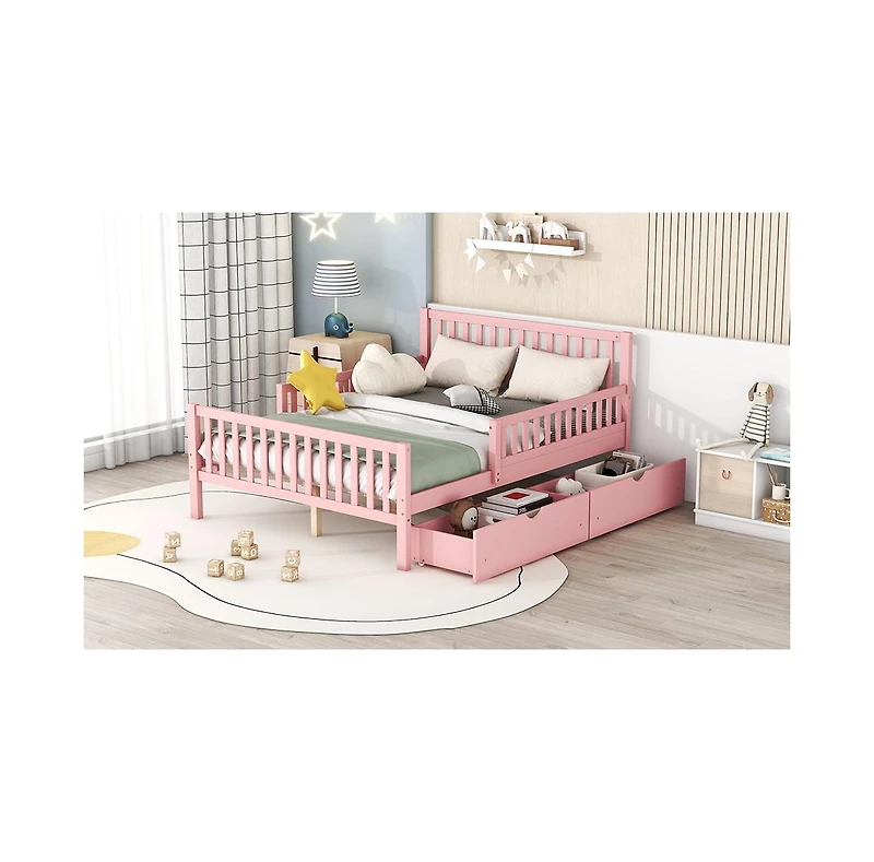 Streamdale Pink Platform Bed with Guardrails and Drawers
