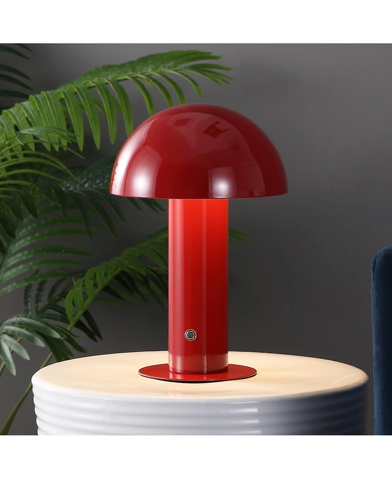 Jonathan Y Boletus 10.75" Contemporary Bohemian Rechargeable/Cordless Iron Dimmable Integrated Led Mushroom Table Lamp, Red