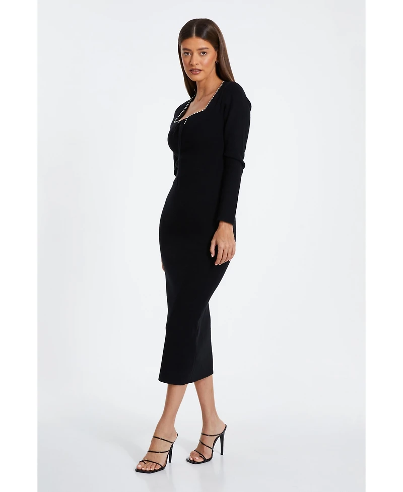 Quiz Women's Knit Diamante Trim Tie Neck Long Sleeve Sweater Dress