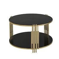 Streamdale Modern Glass Coffee Table 31.5", Asymmetrical Metal, Circular Metal Drum Base, Gold Finish & Lower Shelf