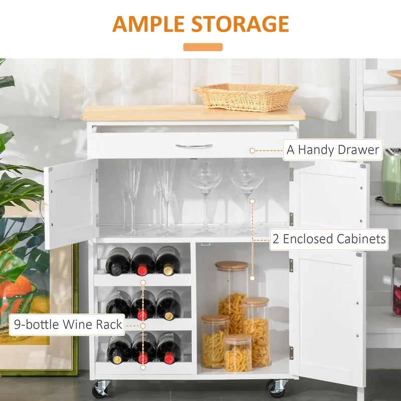 Bar Cart Rolling Kitchen Island on Wheels with Wine Rack