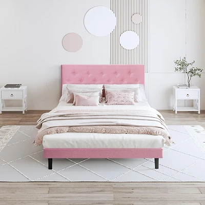 Streamdale Furniture Modern Tufted Linen Platform Bed Frame with Slat Support, Pink