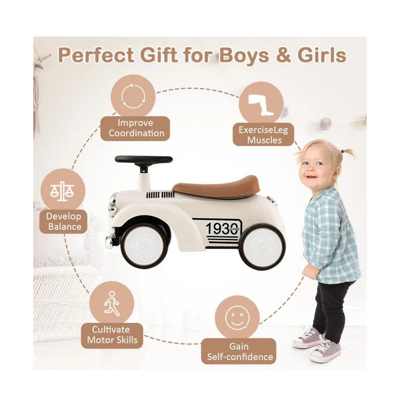 Kids Sit to Stand Vehicle with Working Steering Wheel and Under Seat Storage-White