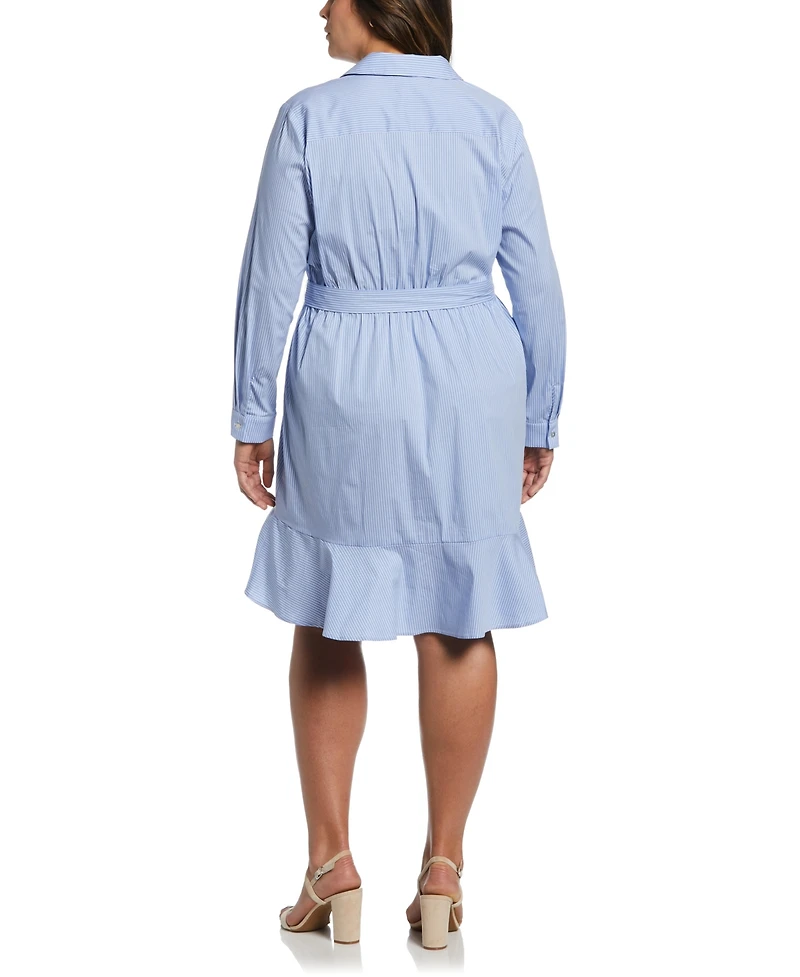 Rafaella Plus Stripe Poplin Ruffle Long Sleeve Wrap Dress