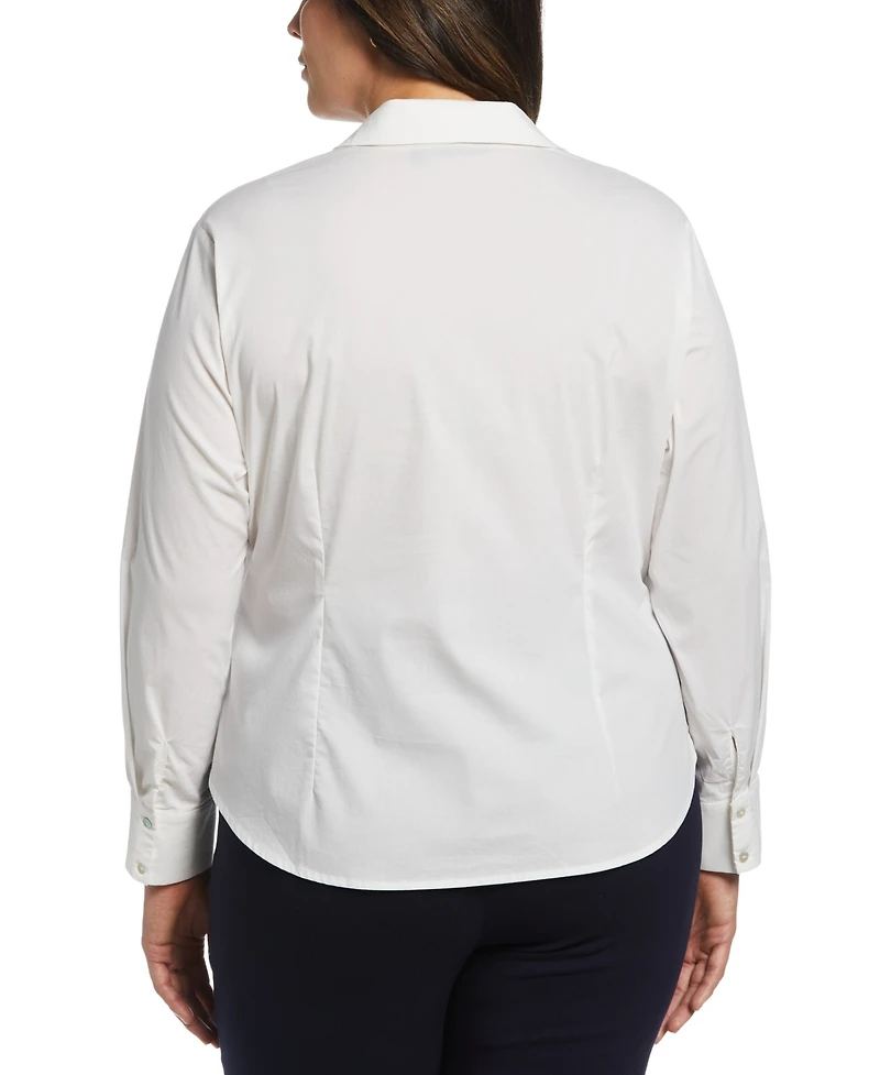 Rafaella Plus Ruched Front Poplin Long Sleeve Button-Down Shirt