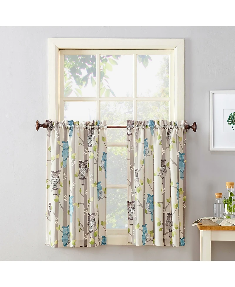 Hoot Owl Print Semi-Sheer Rod Pocket Kitchen Curtain Tier Pair