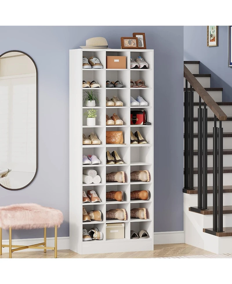 Tribesigns 10-Tier Shoe Storage Cabinet, Gray Wooden Shoe Rack with 30 Cubbies, Freestanding Tall Entryway Shoe Organizer