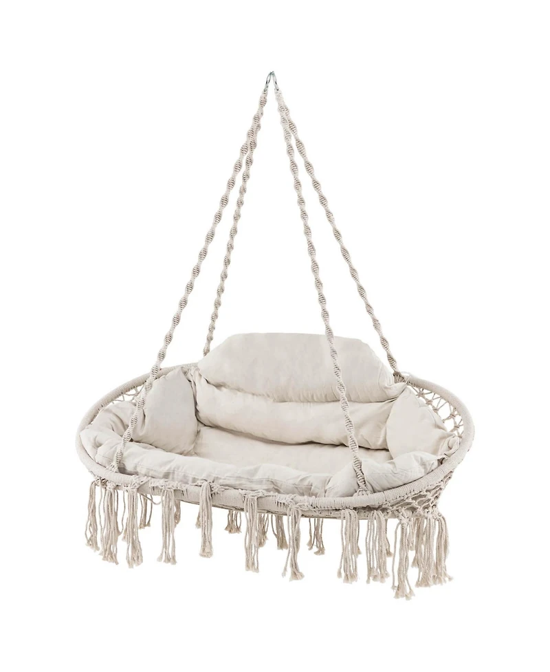 Swing Chair Hand-Woven Rope Hanging Chair with Thick Cushion & Folding Metal Frame