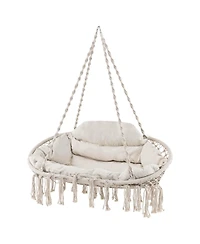 Swing Chair Hand-Woven Rope Hanging Chair with Thick Cushion & Folding Metal Frame