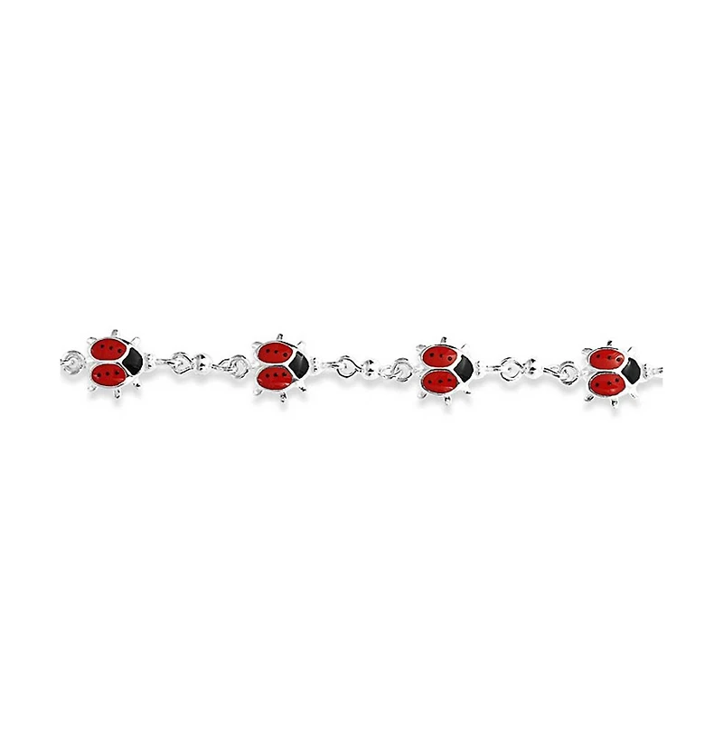 Bling Jewelry Good Luck Garden Lucky Multi Station Charms Enamel Red Ladybugs Charm Bracelet .925 Sterling Silver 7.5 Inch
