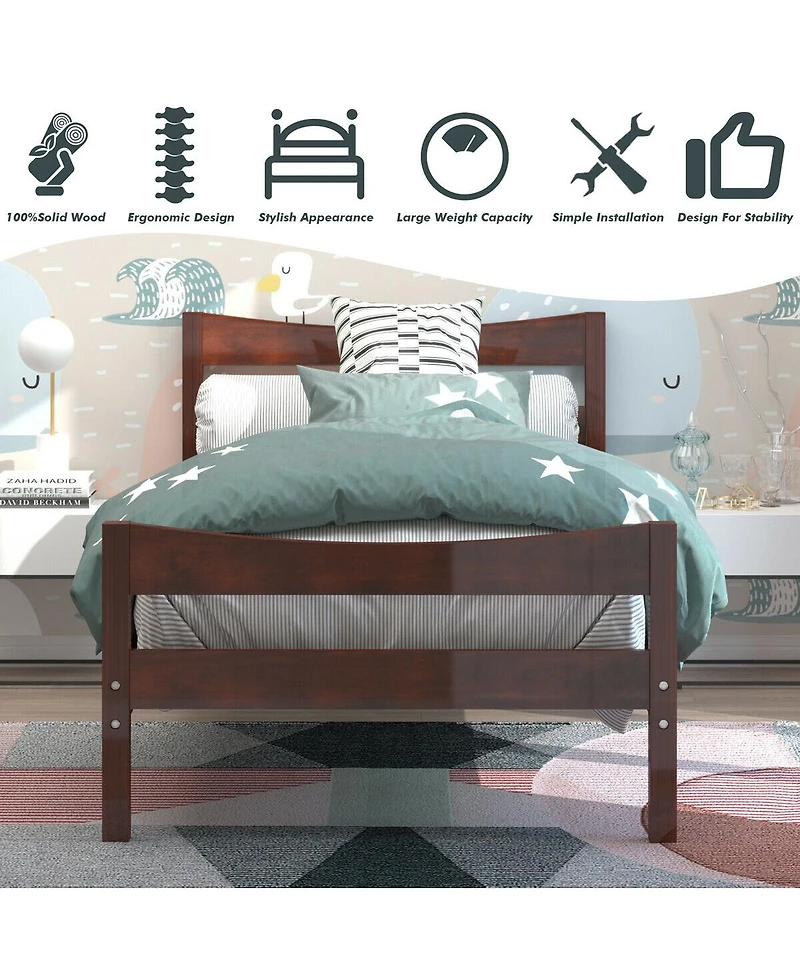 Gymax Twin Size Platform Bed Frame Foundation w/Headboard &Wood Slat Support Walnut