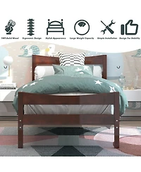 Gymax Twin Size Platform Bed Frame Foundation w/Headboard &Wood Slat Support Walnut