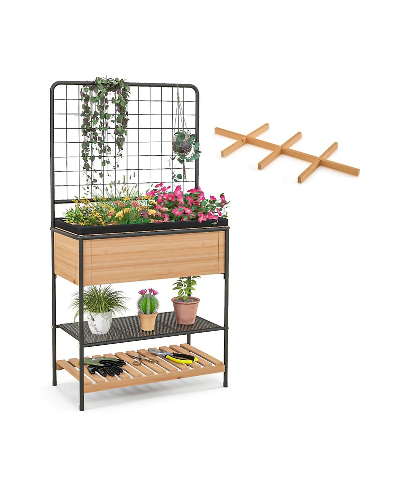 Sugift Raised Garden Bed with Trellis 2-tier Storage Shelves-Natural