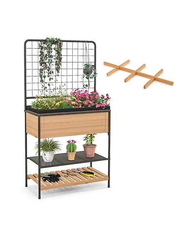 Sugift Raised Garden Bed with Trellis 2-tier Storage Shelves-Natural