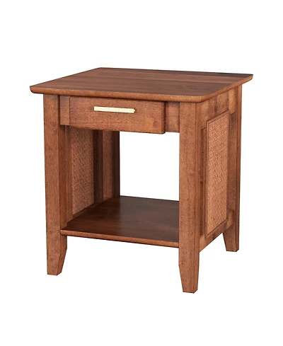 Skonyon Rattan Nightstand End Table with Drawer and Storage Shelf-Walnut