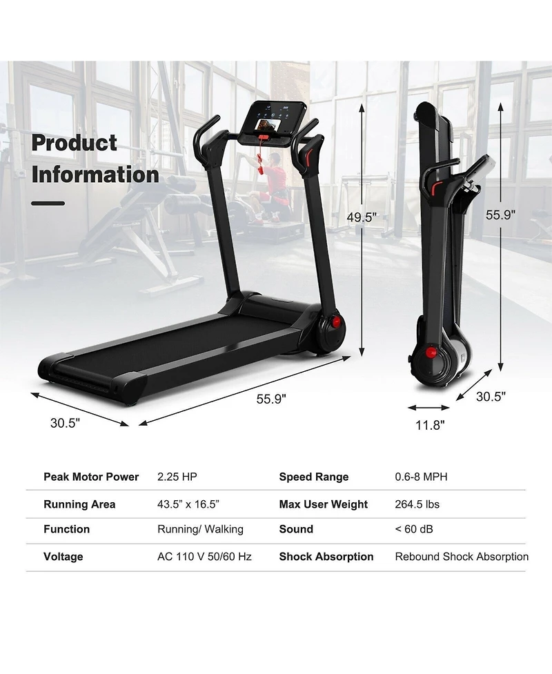 Vebreda 2.25 Hp Electric Motorized Folding Running Treadmill Machine with Led Display-Black