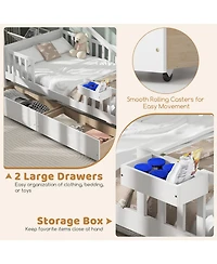 Skonyon Twin House Bed with 2 Storage Drawers and Roof & Fence Rails-White