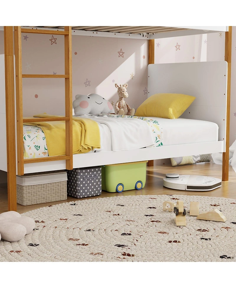 Skonyon Twin Over Twin Bunk Bed with Integrated Ladder and Safety Guardrails-Twin Size