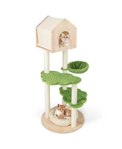 Skonyon 55 Inch Tall Cat Climbing Stand with Sisal Scratching Posts and Soft Cat Bed for Indoor Kittens-Green