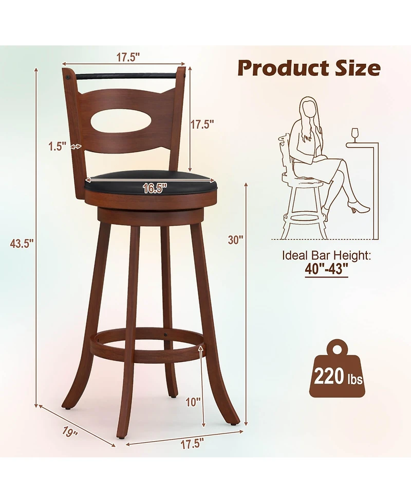 Skonyon 2 Pieces 29 inch Swivel Bar Stools with Curved Backrest and Seat Cushions