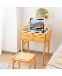 Sugift Bamboo Makeup Vanity Table with Stool and Rotating Mirror