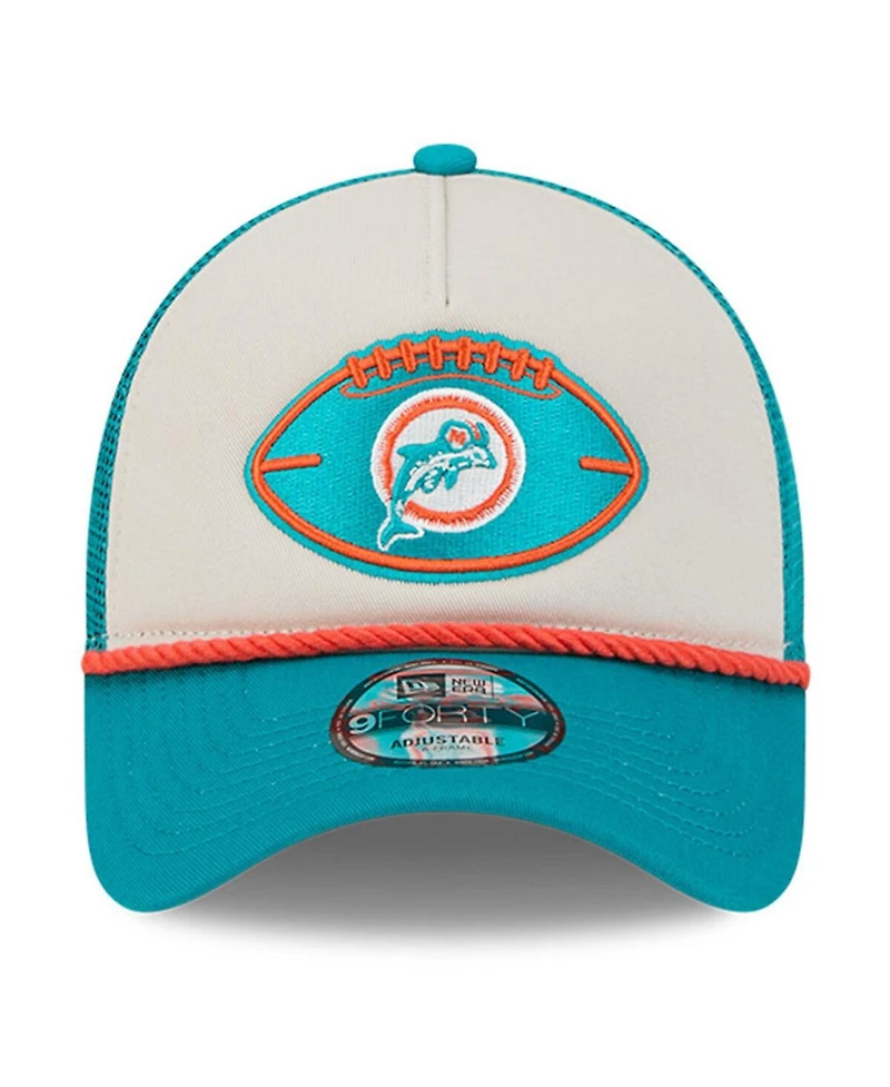 New Era Men's Stone/Aqua Miami Dolphins 2024 Sideline Historic 9FORTY A-Frame Trucker Adjustable Hat