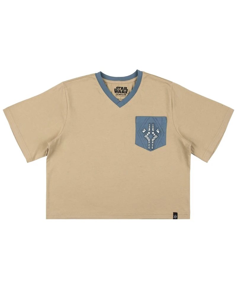 Heroes & Villains Women's Tan Star Wars Ahsoka Cropped V-Neck T-Shirt
