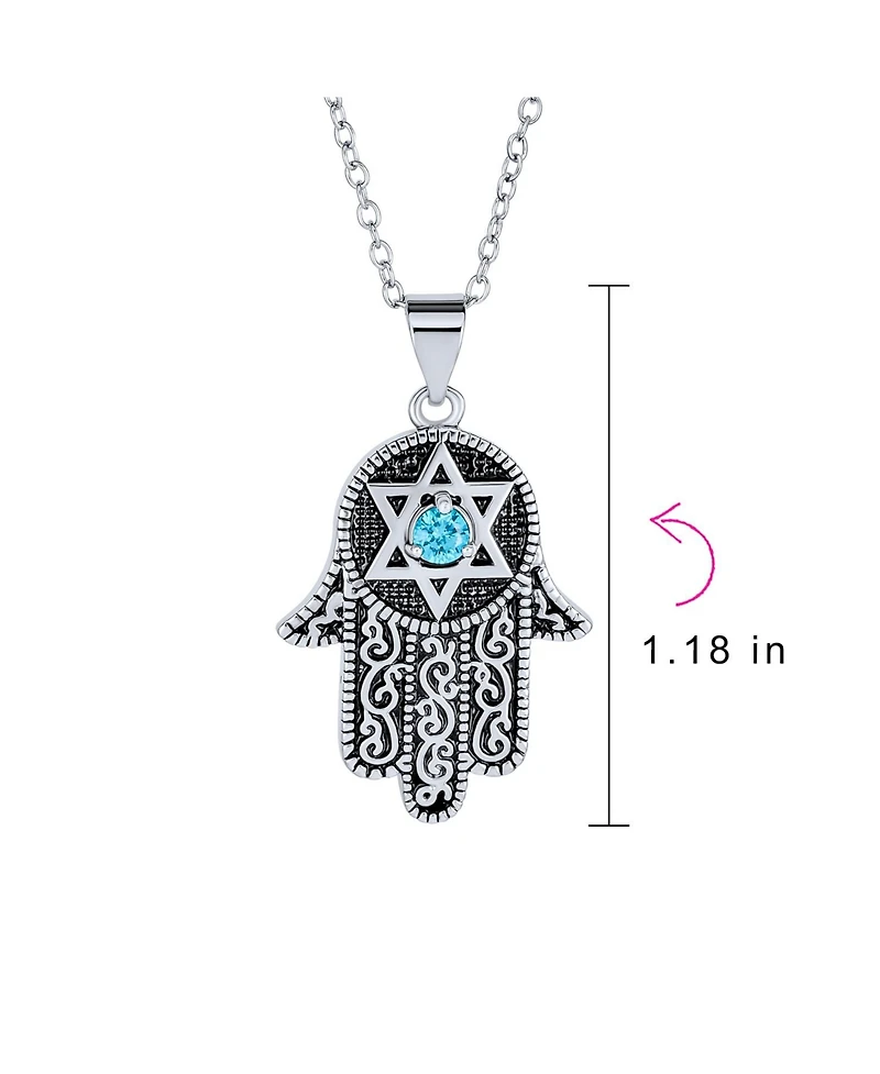 Bling Jewelry Hanukkah Judaic Magen Jewish Hamsa Hand Of God Star Of David Pendant Necklace Blue Cubic Zirconia Cz Black Oxidized