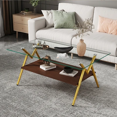 Streamdale Modern Glass Coffee Table with Golden Metal Legs