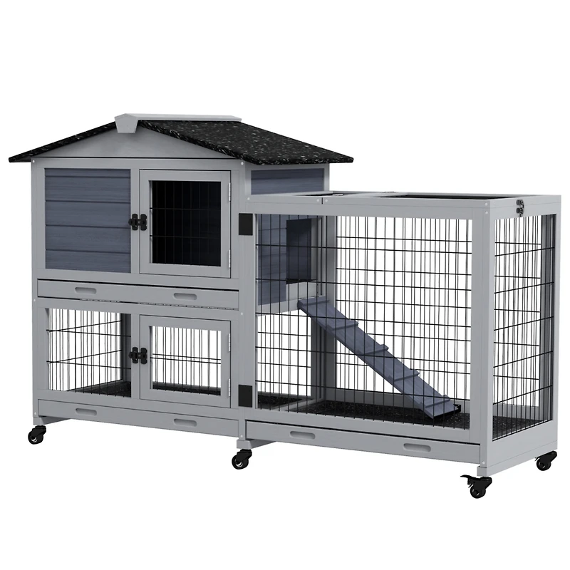 2-Story Rabbit Hutch with Slide-Out Tray and Wheels