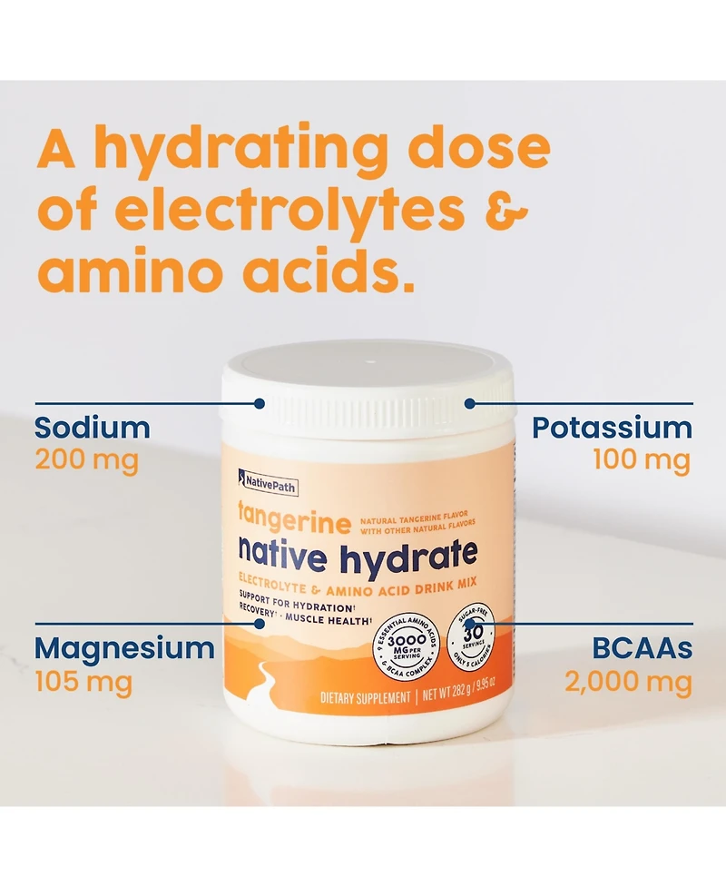 NativePath Native Hydrate, Zero Sugar, Electrolytes Powder with BCAAs, Tangerine Hydration, Keto & Paleo Friendly, 30 Servings