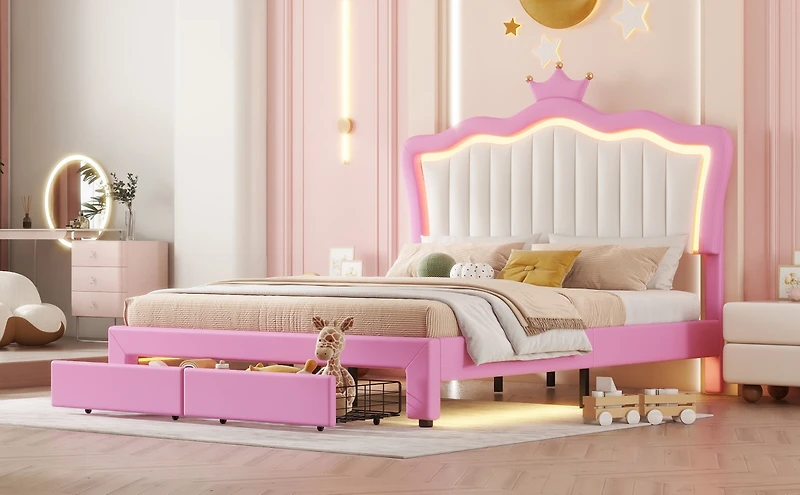 Streamdale Furniture Princess Crown Bed with Led Lights and Drawers