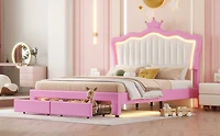Streamdale Furniture Princess Crown Bed with Led Lights and Drawers